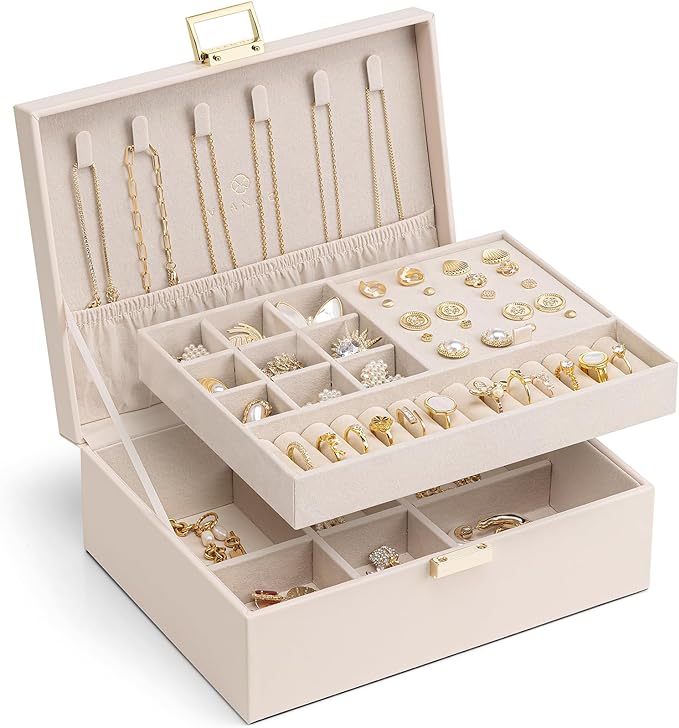VLANDO 2 Layer Jewelry Box Large Jewelry Organizer for Women Removable Jewelery Tray for Necklace Earrings Rings Bracelets Mothers Gifts for Mom Wife (Light Pink)