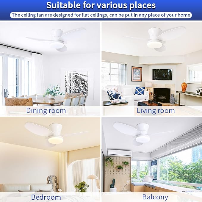 Small Ceiling Fan with Lights, 32 Inch Flush Mount with Remote Control, Reversible Quiet DC Motor, White, 3 Blades, 6 Speeds, Dimmable LED, Adjustable Color Temperature, Timer
