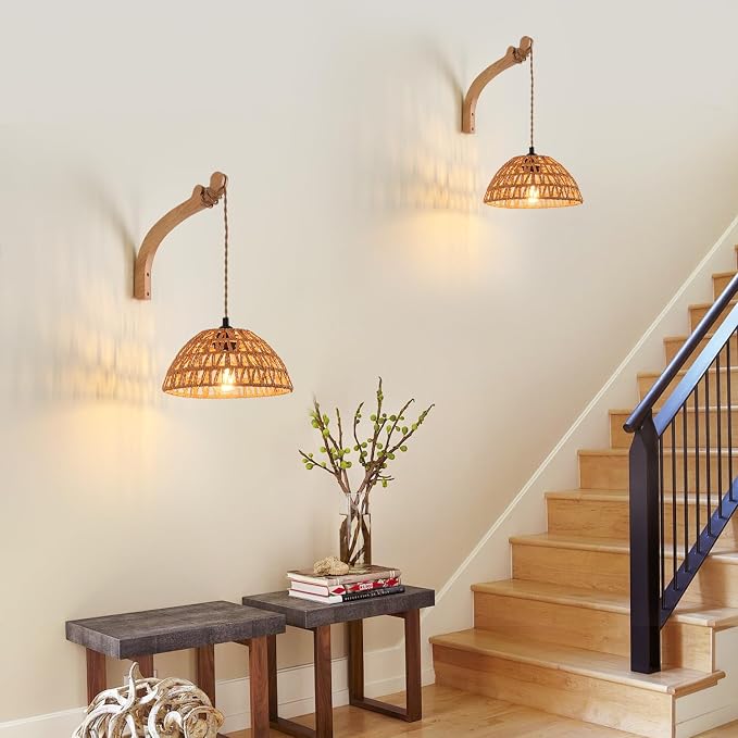 Plug in Wall Sconce,Farmhouse Wicker Wall Lamp Plug in,Hand Woven Rattan Wall Light Farmhouse Rustic Boho Sconces Wall Lighting for Living Room Bedroom