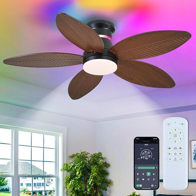 Surtime 46" Ceiling Fans with RGB Lights - Flush Mount Ceiling Fan Light with LED 3CCT Dimmable, Tropical Palm Leaf Ceiling Fans for Indoor Party,Covered Outdoor （Brown）