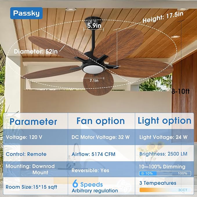 Passky Ceiling Fans with Lights, 52 inch Tropical Ceiling Fan with Light and Remote Control, 3CCT, Dimmable, Reversible, Noiseless, Banana-leaf Shape Ceiling Fan for Bedroom, living room, Coverd Patio