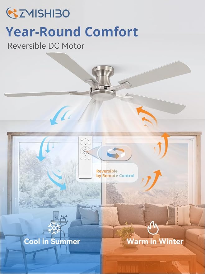 ZMISHIBO 52 Inch Ceiling Fan No Light, Flush Mount Low Profile, Modern Nickel Ceiling Fan Without Light, Remote Control & Quiet DC Motor, for Indoor&Outdoor, Bedroom, Living Room