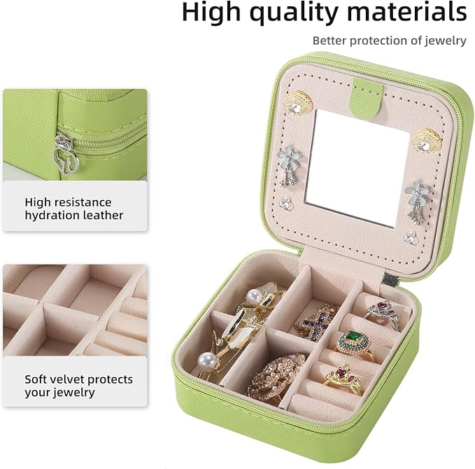 KElofoN Travel jewelry case Travel jewelry box Travel Jewelry Organizer Small Jewelry Organizer Box Gift for Girls Women with Mirror(Grass green)