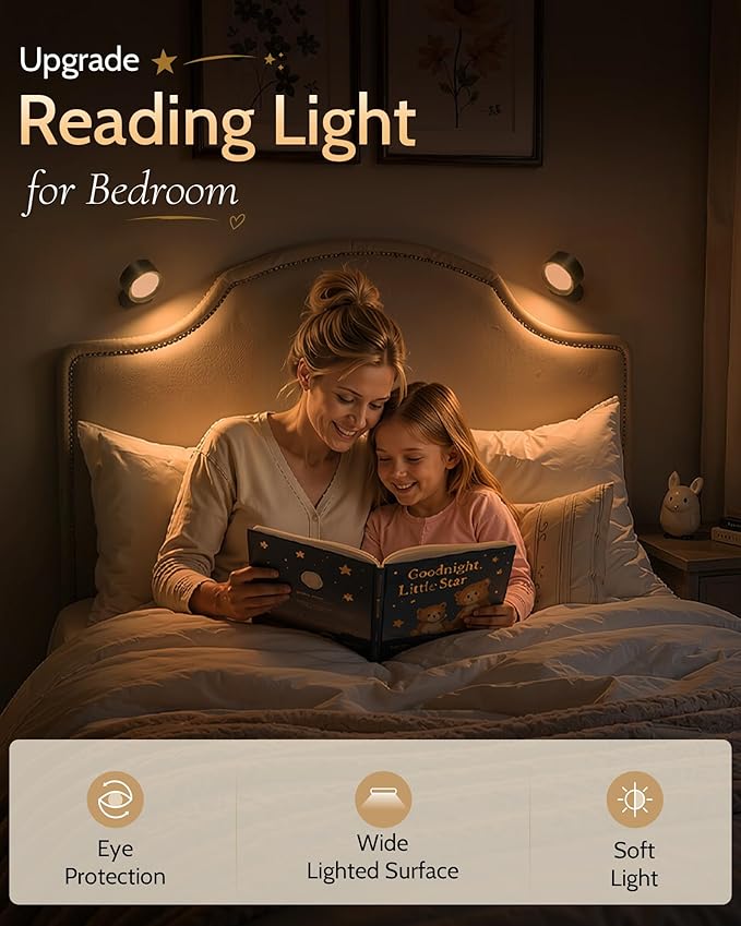 LED Wall Mounted Lights, Rechargeable Wall Sconces, 3 Color Temps, Remote & Touch, 360° Rotating and Dimmable for Bedroom, Bedside & Reading (Black, 2 Pack)