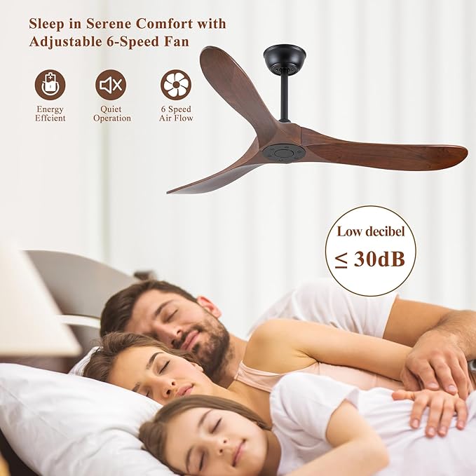 Walnut Wood 52" Ceiling Fan, No Light, 6-Speed, Reversible 3 Blades, Timed Shutdown, Silent DC Motor, for Bedroom, Porch and Living Room