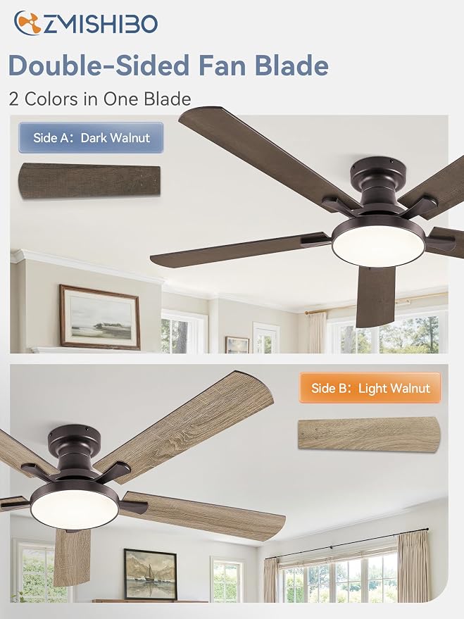 ZMISHIBO 52 Inch Flush Mount Ceiling Fan with Light, Remote&APP, Oil Bronze | 6-Speed Quiet DC Motor, Dimmable 24W LED with 3CCT (3000K-6500K), Modern Low Profile for Living Room, Bedroom, Kitchen