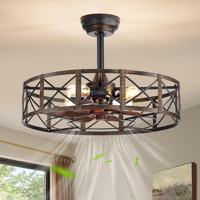 Fanbulous 23 Inch Fandelier Caged Ceiling Fans with Lights and Remote, Black Farmhouse Ceiling Fan, Bladeless Samll Fan Lights Ceiling Fixtures for Kitchen, Bedroom-Black and Gold