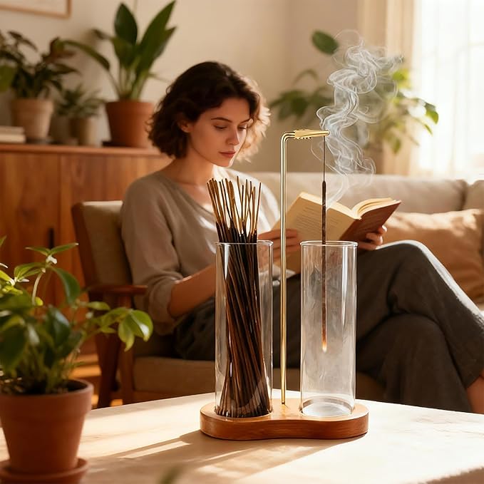 Incense Holder for Sticks 2 in 1 Incense Burner Holder with Storage & Ash Catcher Wooden Base, Glass Vessels, Metal Clip for Meditation, Yoga, Spa, Home & Garden Decor