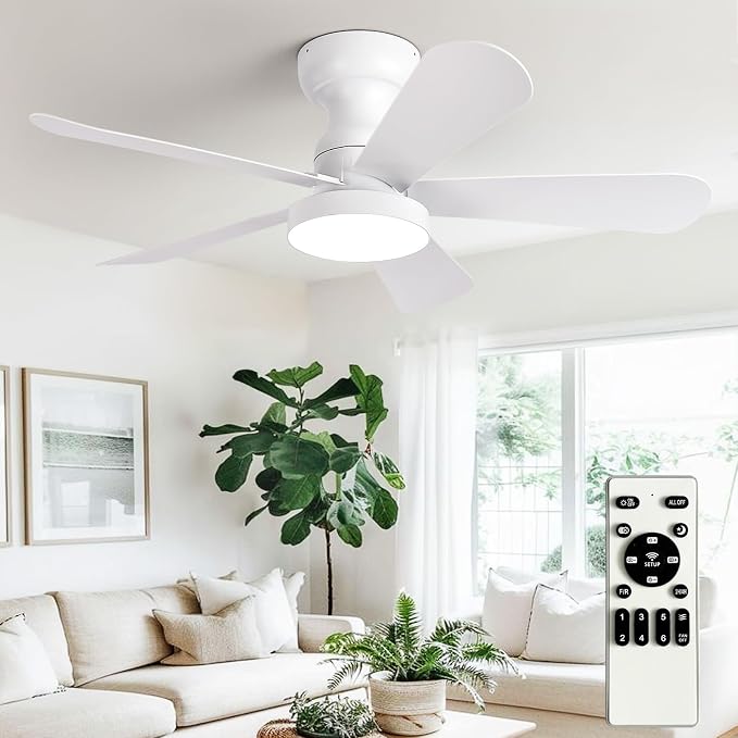 Depuley Small Ceiling Fan with Lights: 35-Inch Flush Mount Fan with Light and Remote - White Low Profile Ceiling Fans Reversible Quiet DC Motor for Bedroom Living Room Indoor Outdoor