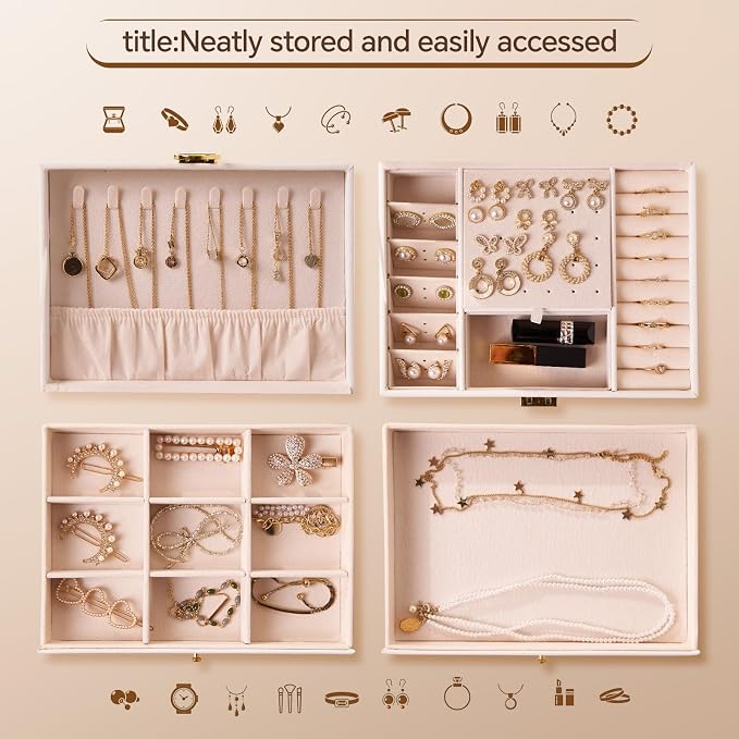 3 Layer Jewelry Box Organizer with Drawers, Lockable Holder for Women Girls | Large Capacity Storage Case with Velvet Lining, Earring Slots, Ring Cushions, Necklace Hooks, Elegant Gift for Mom
