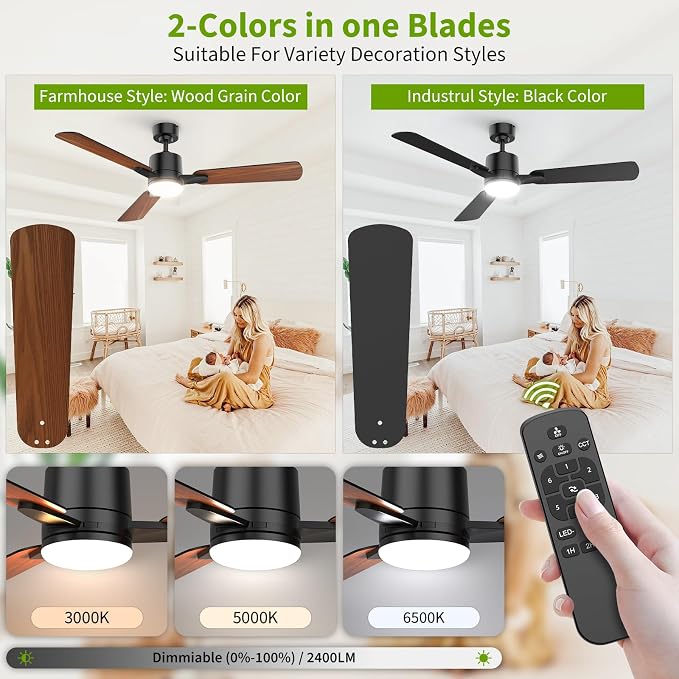 Ceiling Fans with Lights, 52 Inch Low Profile Ceiling Fan with Light and Remote Control,10 Min Quick Installation,Reversible,3CCT Dimmable,Quiet,Black Small Ceiling Fan for Bedroom Indoor/Outdoor