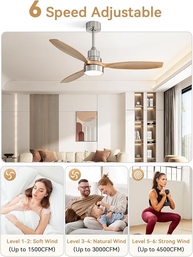 Sofucor 52 Inch Smart Ceiling Fans with Lights and Remote, 3 Blade Modern Wood Ceiling Fan Works with App/Alexa/Google, for Bedroom Living Room Patio Porch