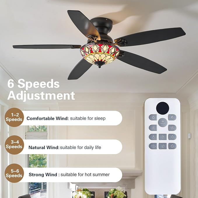 Tiffany Ceiling Fans with Lights - 52" Ceiling Fan Chandelier with 5 Dual-Blades and Glass Shade, 6 Speeds and Reversible, Indoor and Outdoor, Retro Style
