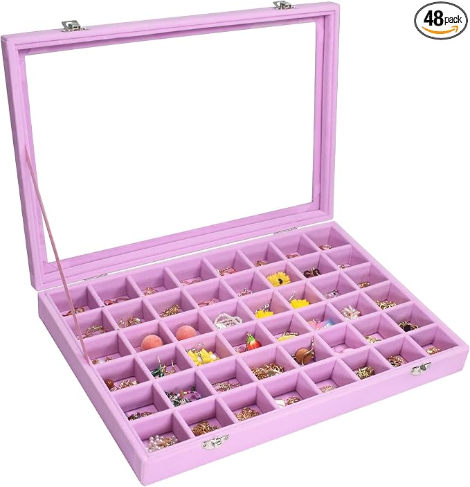 Vicoter Velvet Jewelry Tray 48 Compartments Jewelry Display Organizer with Transparent Cover Rings, Earrings, Necklaces, Pendants Storage Box for Girls, Wives, Mothers, Women