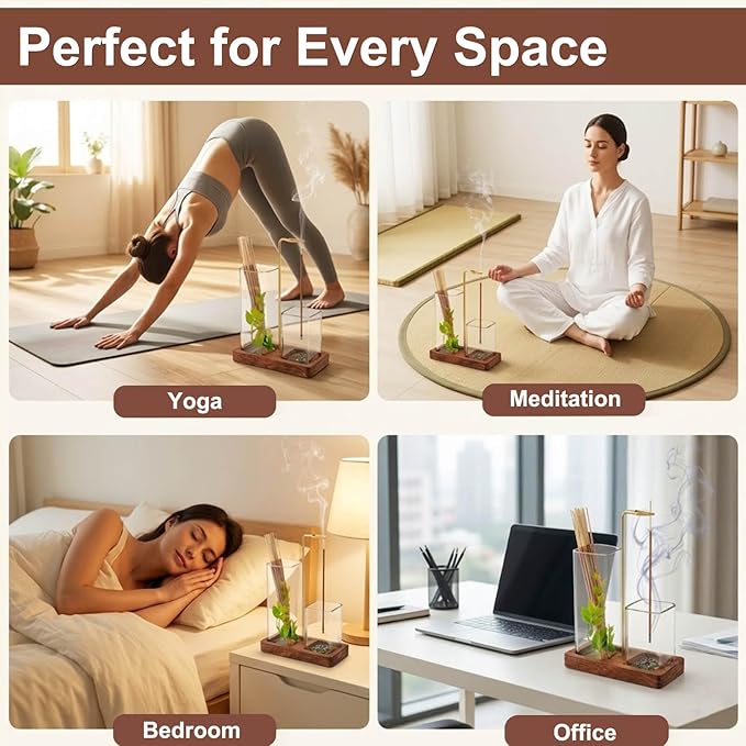 2 in 1 Upside Down Incense Holder for Sticks, Wooden Glass Incense Burner with Square Ash Catcher & Storage, Anti-Ash Flying Vertical Insence Holder Set with Brush for Yoga Spa Meditation Decor