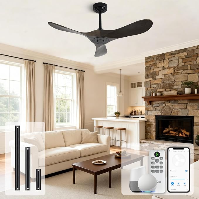 Outdoor Ceiling Fan Without Light, 42Inch Smart Ceiling Fan with Remote & Voice Control for Compatible with Alexa/Google, 3-Blade Wood Fan, Quiet DC Motor, 6 Speeds for Patio, Porch, Farmhouse