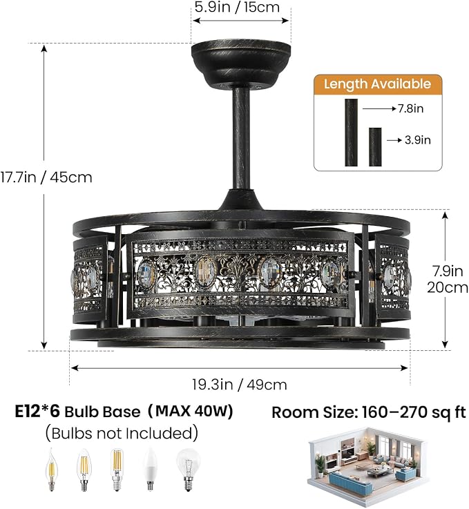 Crystal Caged Ceiling Fan with Light, 19'' Vintage Black Bladeless Fandelier Ceiling Fan with Remote, Low Profile Farmhouse Ceiling Fan for Bedroom Kitchen Living Room