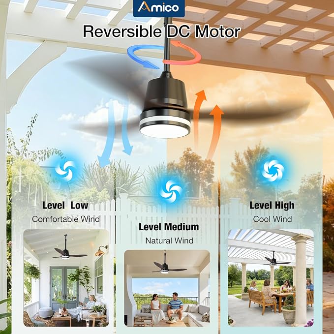 Amico 42 Inch Outdoor Ceiling Fans with Lights for Patios, IP65 Waterproof Gazebo Fan Remote Control, 3000-6000K, 6 Speeds, Hook Hanging Plug in Ceiling Fan for Patio Porch Pergola Garage Canopy