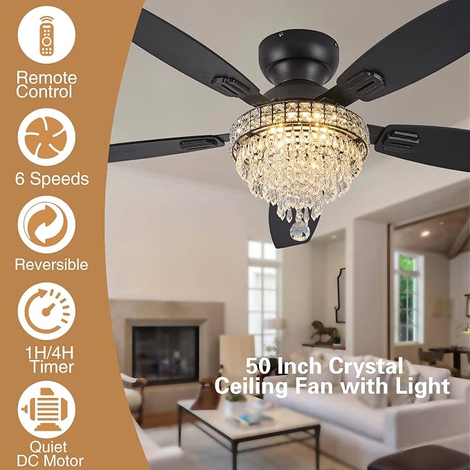 Crystal Ceiling Fan Fandelier with Lights-Ceiling Fans,50" Low Profile and Remote Control, Flush Mount, Reversible, Dimmable, Noiseless, Black Ceiling Fan for Bedroom