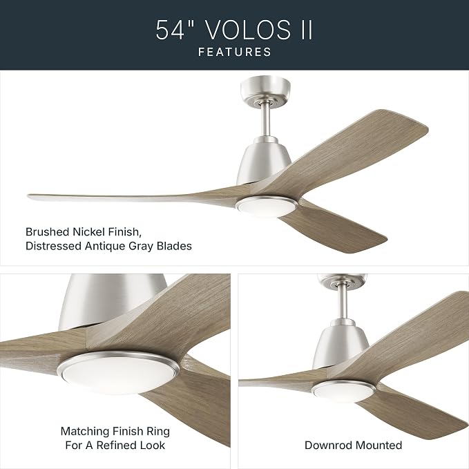 Kichler 54" Volos II 3 Blade Ceiling Fan in Brushed Nickel with Distressed Antique Grey Blades, Easy-to-Install AC Motor, Downrod, 300054-NI