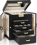 AKOZLIN 5-Tier Jewelry Box Leather Jewelry Storage Organizer with 4 Drawers Lockable for Women Girls Ring Necklace Earring Bracelet Watches Holder with Mirror Black