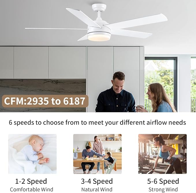 YUHAO 60 Inch White Ceiling Fan with Light and Remote Control.Noiseless,Dimmable,3CCT,6 Speeds Reversible, DC Ceiling Fans for Indoor or Covered Outdoor Use.ETL Listed