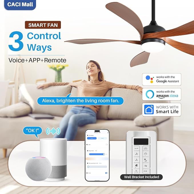 CACI Mall 52 inch Smart Ceiling Fan with Lights, Remote Control, Compatible with Alexa/Google/App, 5 Blades, Dimmable Lighting, Quiet, Indoor/Outdoor Ceiling Fans for Living Room, Bedroom, Patios