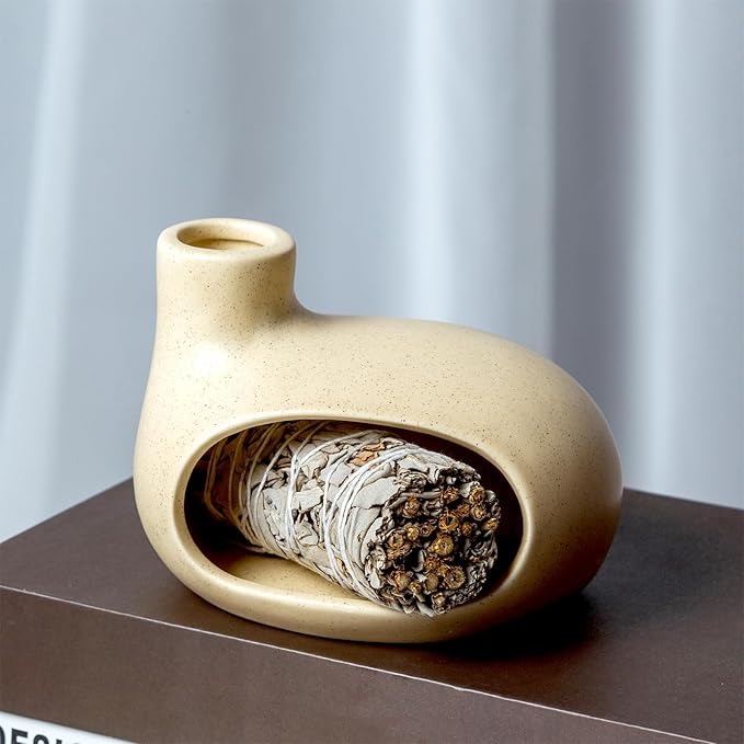 MOUGIGI Palo Santo Holder - Ceramic Incense Burner for Palo Santo Sticks, Cone, and Spiritual Sage - Modern Chiminea for Meditation - Handcrafted Smudge Bowl and Meditation Gift