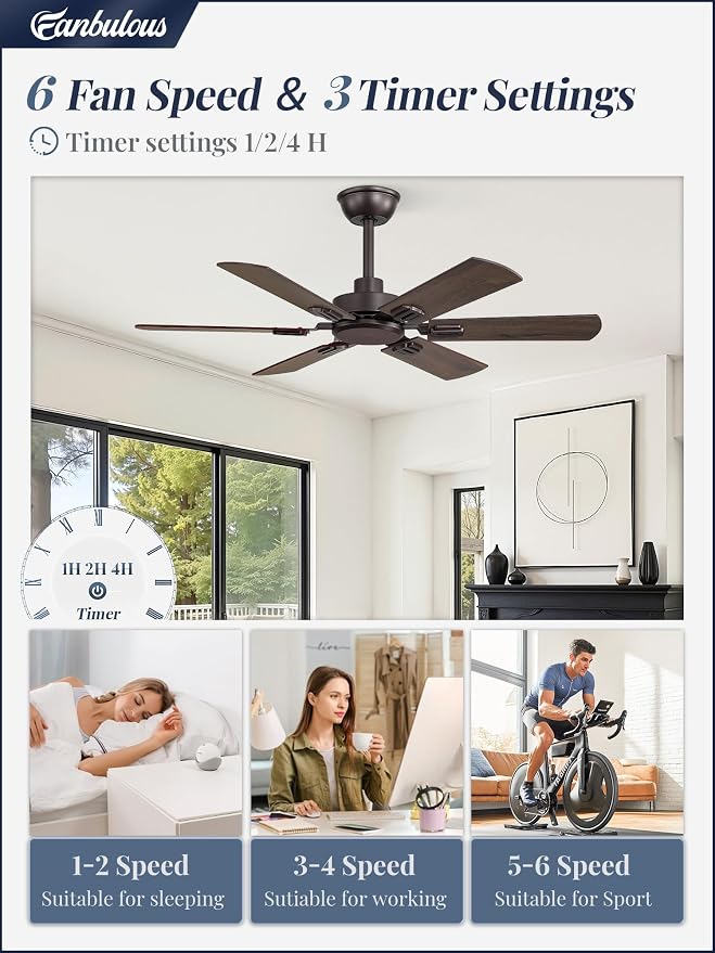 Fanbulous 42 Inch Ceiling Fans No Light with Remote, Modern Ceiling Fan Without Light, Dual Finish 6 Blades, Reversible Quiet DC Motor, 6 Speed, Large Ceiling Fan for Indoor or Outdoor, Oil Bronze