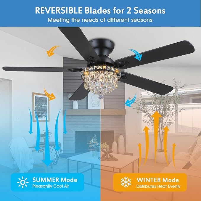 GJeg Crystal Ceiling Fan Fandelier with Lights-Ceiling Fans with Remote Control,Modern Ceiling Fan with Noiseless DC Reversible Motor,Dining Room,Living Room(52" Black)