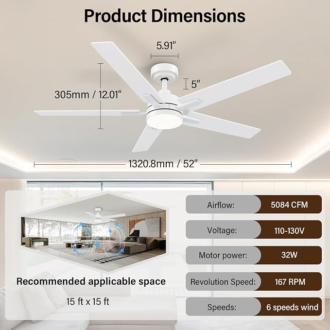 52 Inch White Ceiling Fans with Lights and Remote, Low Profile 5 Blades Ceiling Fan with Downrods, Reversible, 3CCT, Dimmable, Noiseless for Living Room, Bedroom and Patio