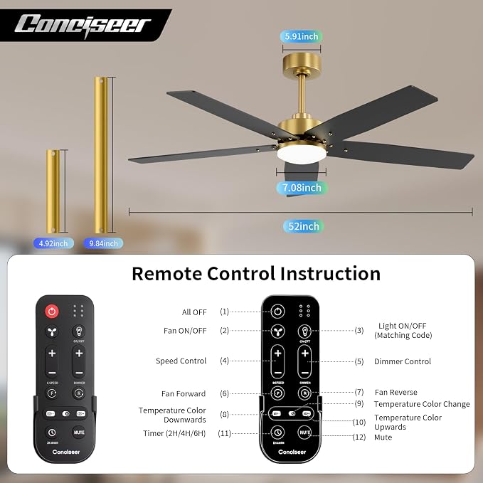 52 Inch Ceiling Fans with Lights and Remote for Bedroom Living Room Kitchen Home Office Indoor/Outdoor, 18W 3CCT Dimmable, Dual Color 5 Blades 6 Speed Reversible Quiet DC Motor, Gold/Wood Grain