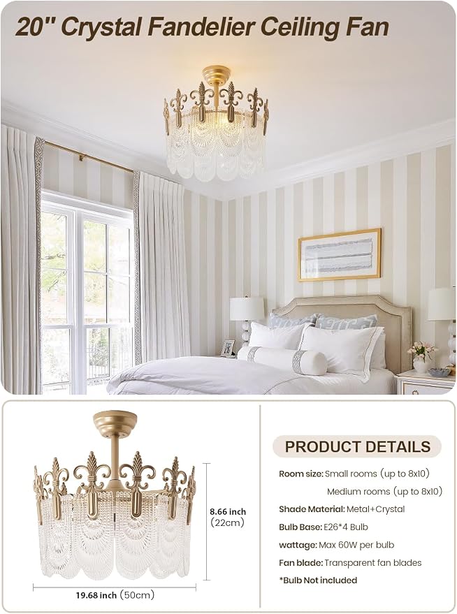Gold Crystal Fandelier Ceiling Fan with Light,20" Gold French Chandelier Ceiling Fans with Lights Remote Control, Morden Mid-Century Caged with 6 Speeds for Bedroom, Nursery, Living Room
