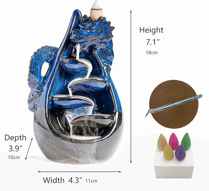 Dragon Incense Burner - Ceramic Backflow Waterfall Burner with Dragon Smoke Fountain, Incense Holder, Cones & Tweezer & Fire Mat for Aromatherapy/Yoga/Home/Office Deco