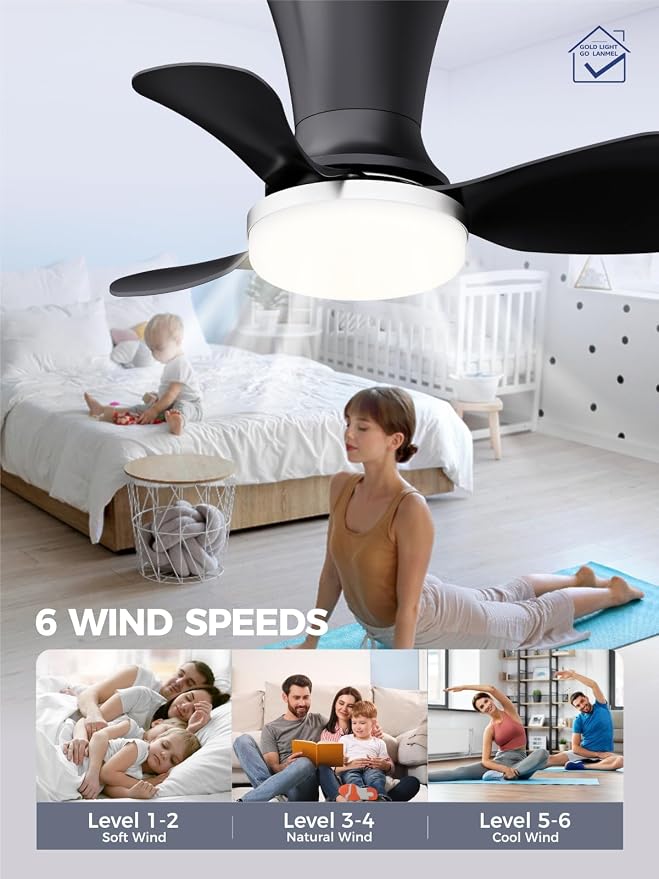 LANMEL Ceiling Fan with Light, Modern Flush Mount Low Profile with Remote Control, Reversible, 3CCT Dimmable, Quiet,LED for Bedroom, Living Room, Indoor/Outdoor Patio Use 22 Inch Silver & Black