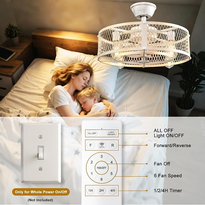 Depuley Farmhouse Ceiling Fans with Lights: Cement Flush Mount Caged Ceiling Fans Light Fixture for Dining Room - Modern Rustic Fandelier Low Profile Ceiling Fan with Remote for Kitchen Bedroom