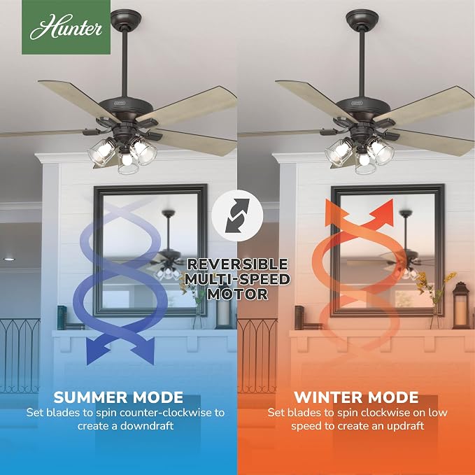 Hunter Crestfield, Indoor, Ceiling Fan, 5 Blades, 52 inch, Noble Bronze | with LED Lights and Remote Control, Standard Mount, For Bedroom, Living Room, Kitchen, 3 inch Downrod, 51856
