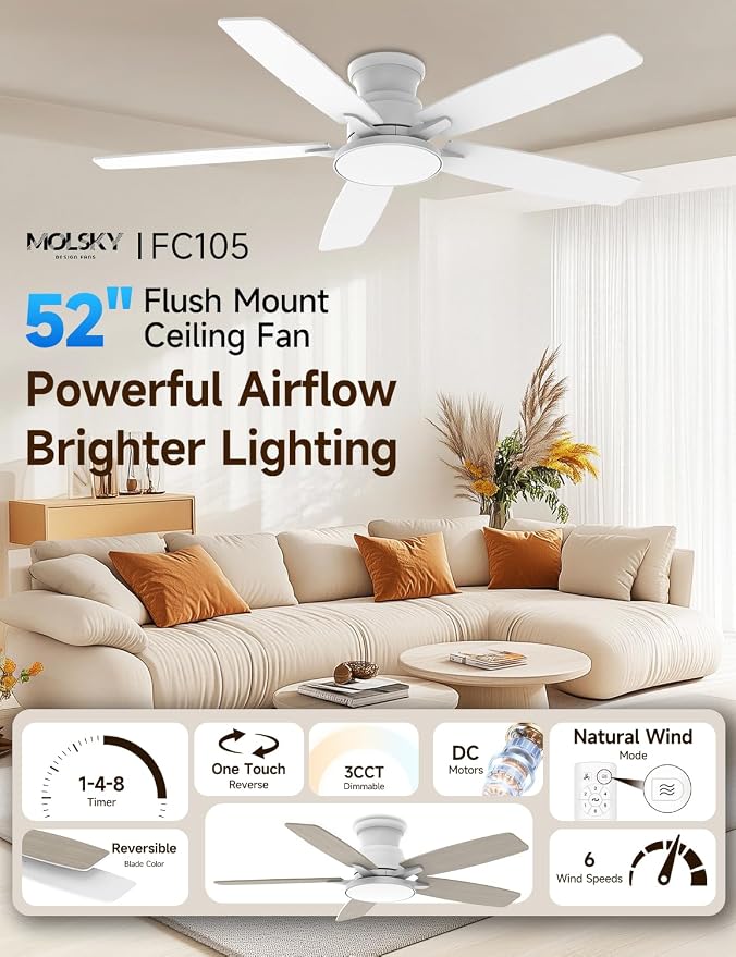 Flush Mount Ceiling Fan with Light, 52 Inch, Remote Control, 3CCT Dimmable LED, 6-Speed Silent Reversible DC Motor, Low Profile Hugger Ceiling Fan for Indoor/Outdoor 90-264V 50/60Hz Fresh White