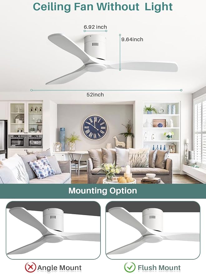 Sofucor 52 Inch Ceiling Fan Without Lights Flush Mount White Solid Wood Ceiling Fan with Remote Control-3 Blades Modern Outdoor Indoor Ceiling Fans No Light for Bedroom/Living Room/Patio/Dining Room