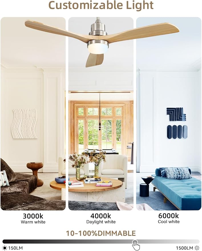 Sofucor 52 Inch Ceiling Fan with Lights and Remote Control-Modern Solid Wood Blade Ceiling Fan for Bedroom Living Room Indoor Outdoor Farmhouse Patio, Noiseless DC Motor, Sandy Nickel & Natural Wood