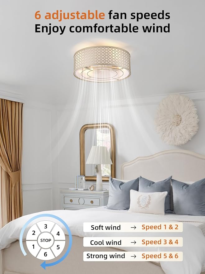 20" Gold Ceiling Fan with Light Flush Mount, Boho Ceiling fans with lights Remote Control, with 6 Speeds for Bedroom, Nursery, Living Room