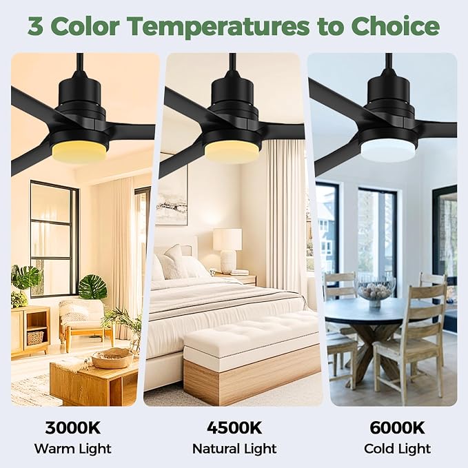 Obabala Outdoor Ceiling Fans with Lights, 52 Inch Black Ceiling Fan with Light and Remote 3 Color 6 Speed Adjustable, Noiseless DC Motor for Indoor Outdoor Patio Farmhouse Bedroom