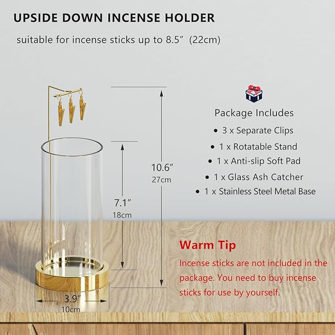 Incense Holder Ash Catcher - Upside Down Glass Incense Holder for Sticks, Reverse Inverted Anti Ash No Mess Insence-Stick Holder, Modern Metal Vertical Incense Burner for House Decor, Gold