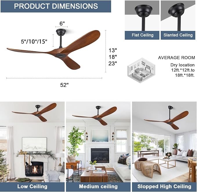 ABZ 52" Solid Wood Ceiling Fan, Outdoor, 3 Blade, No Light, Walnut, for Patio Living Room Bedroom Porch, Remote Control, Water Resistant