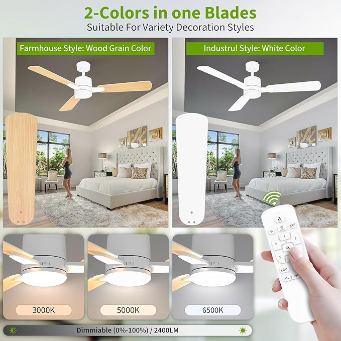 Ceiling Fans with Lights, 52 Inch Low Profile Ceiling Fan with Light and Remote Control,10 Min Quick Installation,Reversible,3CCT Dimmable,Quiet,white Small Ceiling Fan for Bedroom Indoor/Outdoor