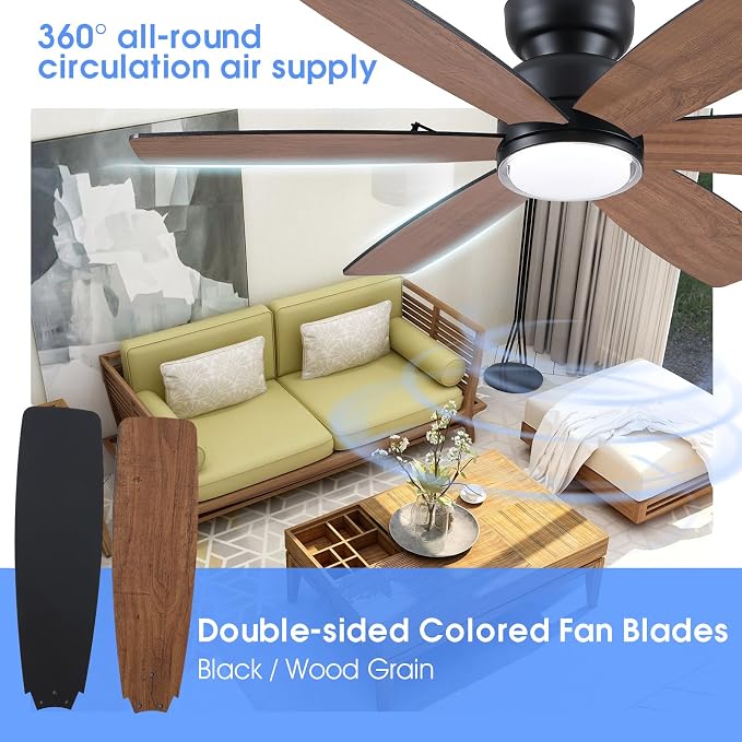 Kviflon 46" Rustic Ceiling Fans with Lights, Low Profile Flush Mount Ceiling Fan with Remote/APP Control, 6 Reversible Double-sided Blades, 3 CCT Dimmable LED Lights for Living Room Farmhouse, Brown