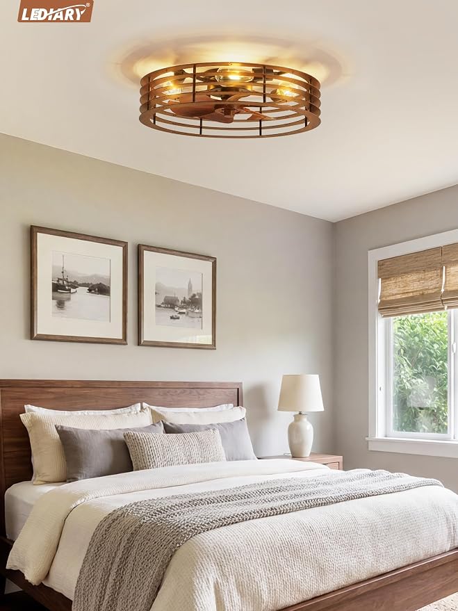 LEDIARY 23" Flush Mount Caged Ceiling Fan with Light, Low Profile Ceiling Fans with Light and Remote, 6 Speed & Reversible, Farmhouse Enclosed Fan Lights for Bedroom, Kitchen, Living Room, Dining Room