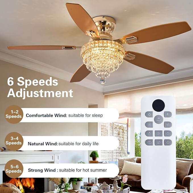 Crystal Ceiling Fan Fandelier with Lights-Ceiling Fans,50" Low Profile and Remote Control, Flush Mount, Reversible, Dimmable, Noiseless, Gold Ceiling Fan for Bedroom