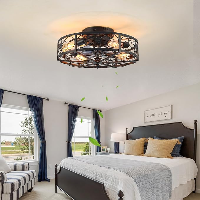 20'' Caged Ceiling Fan with Lights and Remote Control,Small Farmhouse Bladeless Low Profile Ceiling Fans Lights,Industrial Flush Mount Low Profile,Reversible Motor 6 Speeds for Bedroom,Living Room
