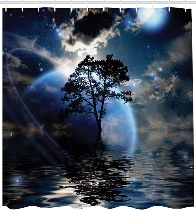 Ambesonne Fantasy Shower Curtain, Water Night View Dark Clouds Stars Moonlight Skylights Rays Tree Reflection on Sea Print, Cloth Fabric Bathroom Decor Set with Hooks, 69" W x 70" L, Navy